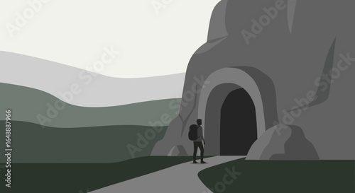 A Hiker Approaches A Mysterious Cave Entrance During Adventure Trip