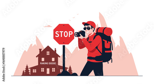 Adventure Seeker Captures Stop Sign Amidst Serene Mountain Scenery