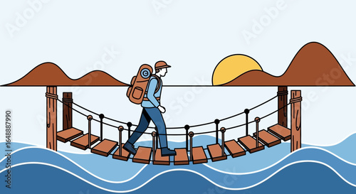 A hiker crossing a suspension bridge, symbolizing adventure, determination and overcoming challenges in a landscape environment