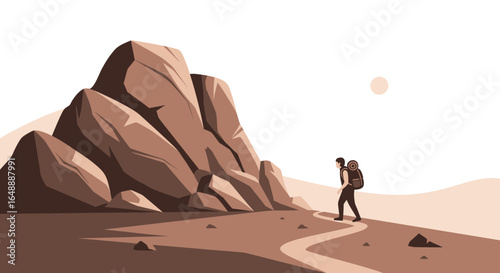 Adventure Seeker: Solitary Hiker Walking Towards Rocky Mountain Landscape