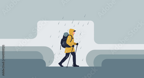 A lone hiker in a yellow raincoat treks through a downpour with determination, using trekking poles for support and navigating the rainy conditions