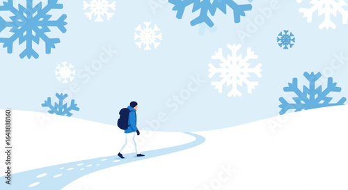 A lone traveler trekking through a snowy landscape amidst falling snowflakes offering a sense of peaceful solitude