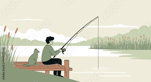 A Man Fishing With His Cat Sitting on Pier In a Serene Landscape