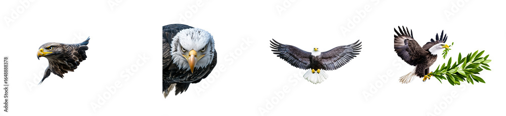 Obraz premium Majestic bald eagle portrait and flight with green branch, cut out transparent