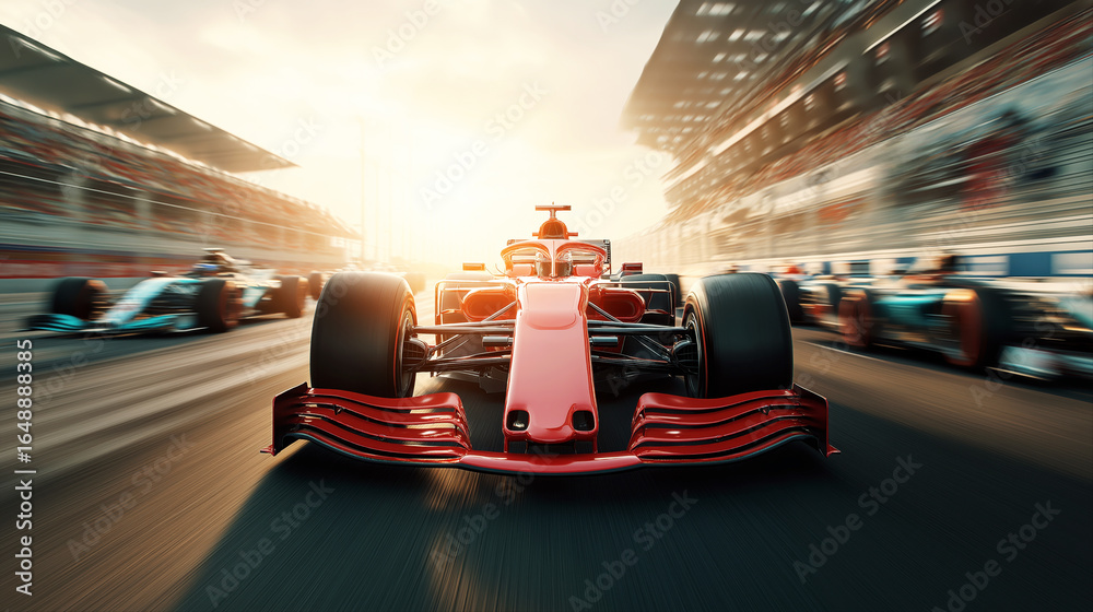 Obraz premium red formula one racing car is driving fast on the track in race F1