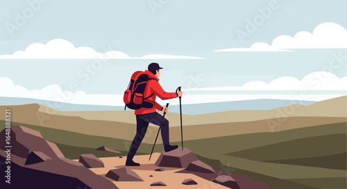 Adventurer Ascending Rugged Peak Vector Illustration For Travel And Exploration