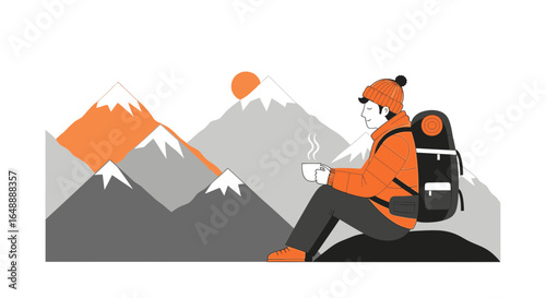 A minimalist vector illustration of a hiker enjoying a hot drink in mountains
