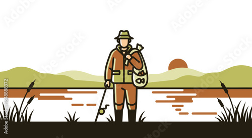 A Minimalist Illustration of a Fisherman by the Lake at Sunset Enjoying Nature