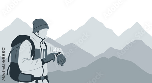 Adventurer Checks Smartwatch During Mountain Trekking Journey Minimalistic Illustration