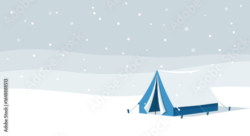 A peaceful winter camping scene with a tent in a snowy landscape illustration