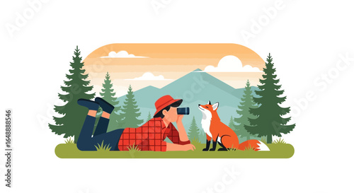 A person with a fox in nature taking photo with a telephoto lens enjoying views