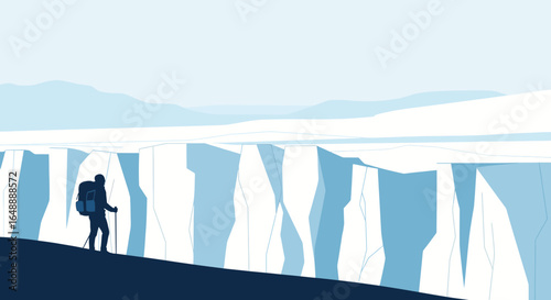 Adventurer Climbs A Glacier Towards Distant Mountains In Harsh Environment