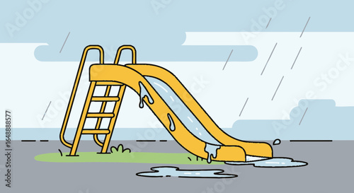 A Rainy Day Scene At The Playground With Empty Yellow Slide Cartoon