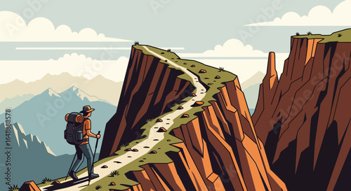 Adventurer Climbing Mountain Ridge With Backpack And Walking Poles On Sunny Day