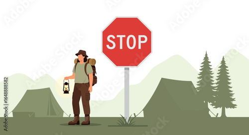 Adventurer Confronting Restriction On Trail With Camping Gear And Stop Sign