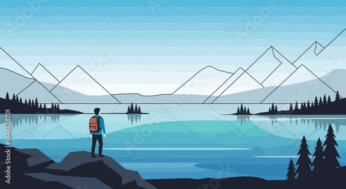 Adventurer Contemplates Serene Mountain Lake Landscape With Reflections And Peaceful Ambience