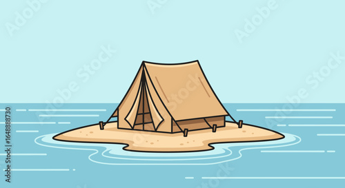 A serene camping escape illustration, depicting a tent pitched on a secluded island, evoking a sense of tranquility and adventure