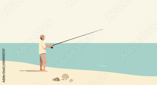 A serene depiction of a man enjoying a tranquil fishing experience at the beach