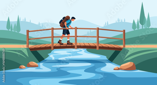 Adventurer Crossing River On Bridge In Picturesque Nature Scenery Illustration