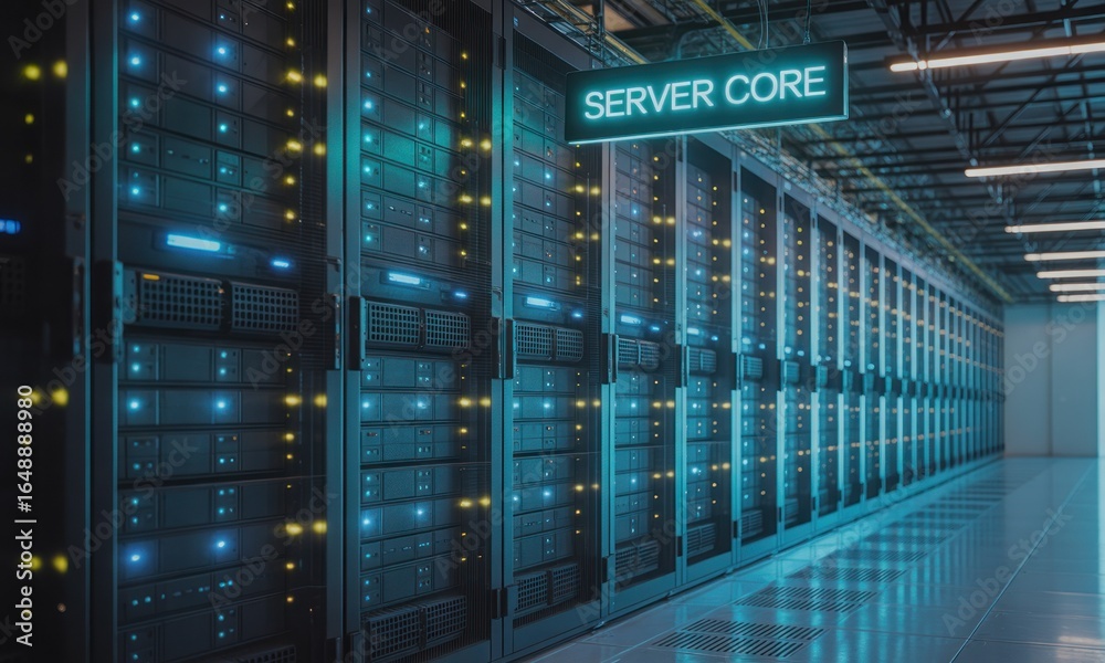 Obraz premium Server racks in a modern data center. Rows of metal server cabinets illuminated by blue and yellow lights. A sign reads 