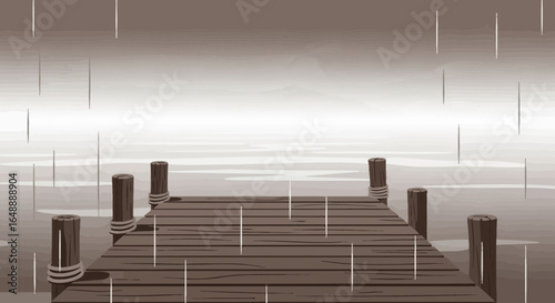 A serene illustration of a wooden pier in the rain evoking tranquility and solitude in nature capturing the essence of peaceful rainy days