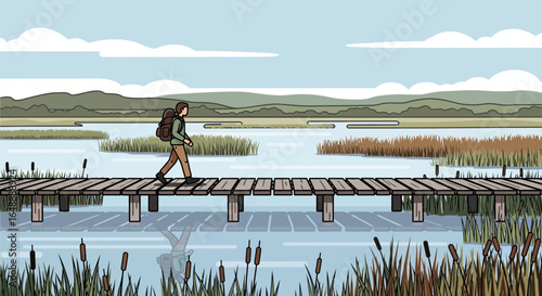 Adventurer Enjoying Nature By Crossing Wooden Bridge Over Calm River