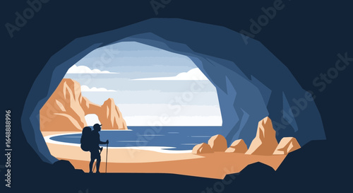 Adventurer Enjoys Scenic Ocean View From A Coastal Cave Entrance