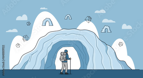 Adventurer Exploring A Wintry Mountain Landscape With Ice Caves And Geometric Shapes