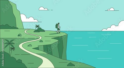 Adventurer Exploring Breathtaking Coastal Cliff Scenery with Tranquil Ocean View