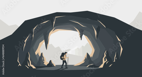 Adventurer Exploring Cave With Backpack And Hiking Stick In Mountain Region