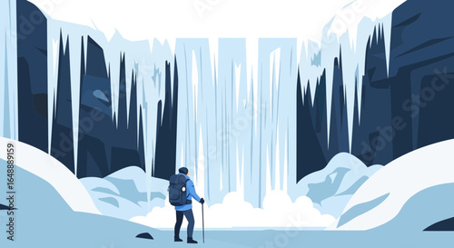 Adventurer Exploring Frozen Waterfall In A Winter Wonderland Graphic Art