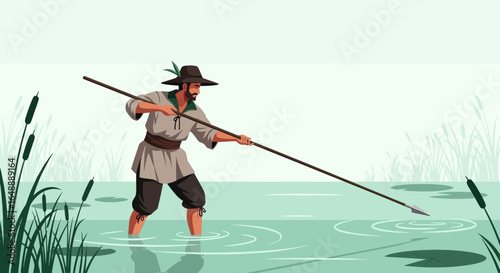 A Solitary Fisherman Hunting in a Wetland Marsh with a Primitive Spear