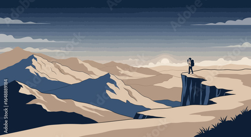 A solitary hiker stands on a cliff's edge enjoying a stunning mountain landscape panorama