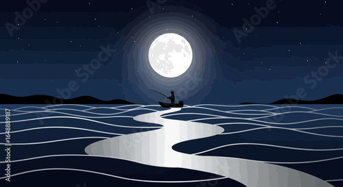 A solitary fisherman on a serene lake under a radiant full moon illustration