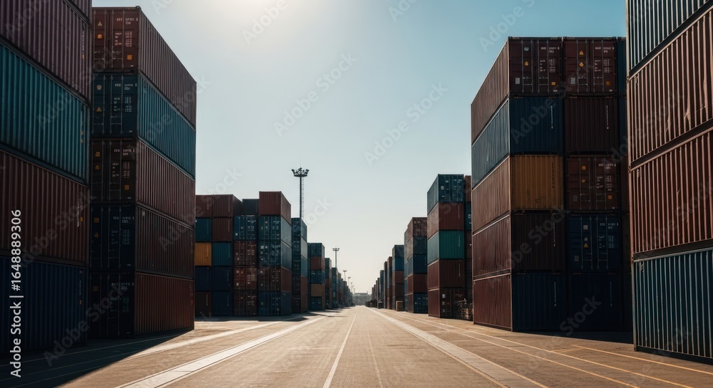 Fototapeta premium Shipping containers line a paved expanse, stretching into the distance