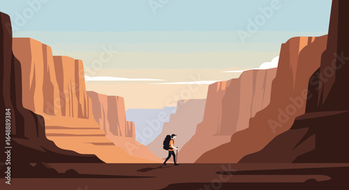 Adventurer Exploring Vast Canyon With Backpack At Sunset, Enjoying Nature