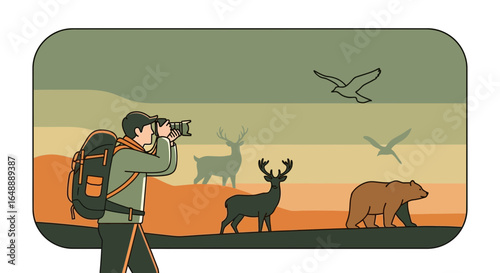 A tourist taking pictures of wild animals like deer bear and bird on natural forest landscape