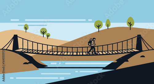 Adventurer Hiking Over Suspension Bridge With Backpack Landscape Background