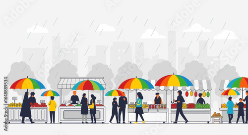 A vibrant farmers market scene during a rainy day showcasing colorful produce and bustling activity despite the weather