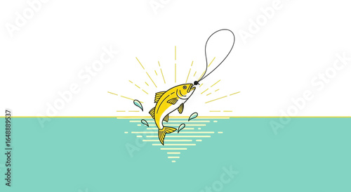 A vibrant illustration of a fish jumping out of the water to catch a bait with hook