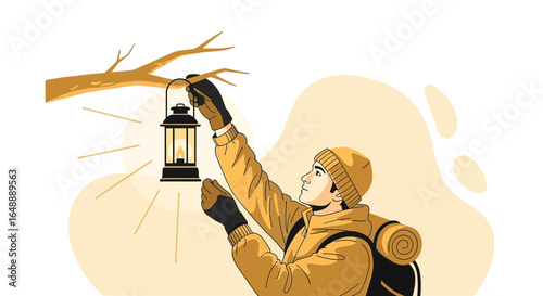Adventurer Illuminating Wilderness Scene With Vintage Lantern At Night Expedition