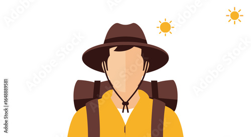 Adventurer In Brown Hat With Backpack Under A Sunny Sky Illustration