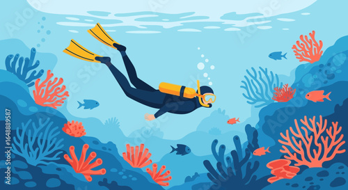 A vibrant underwater scene featuring a scuba diver exploring a colorful coral reef landscape