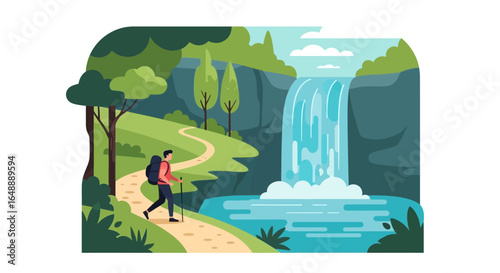 A vibrant vector illustration of a hiker trekking near a scenic waterfall amidst lush nature and trees