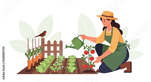 A woman carefully tending to her garden, watering plants and nurturing the growing vegetables in a garden