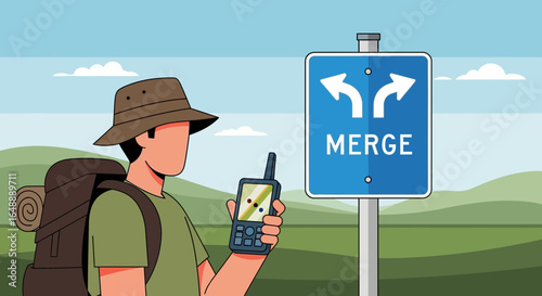 Adventurer Navigating Using Gps Device At Road Junction Deciding Which Path To Take