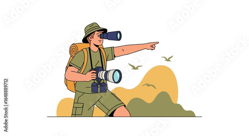Adventurer On Expedition Using Binoculars For Scenic Wildlife Landscape Spotting