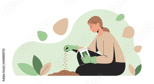 A woman in gloves is sowing seeds into the ground in a stylized vector illustration style for gardening concept