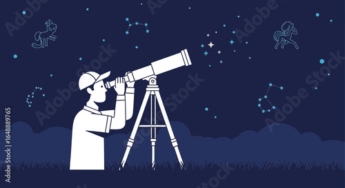 A young astronomer observes the starry night sky through a powerful telescope with constellations visible