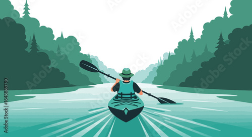 Adventurer Paddling Kayak Through Serene Waterscape With Forest Trees and Hat